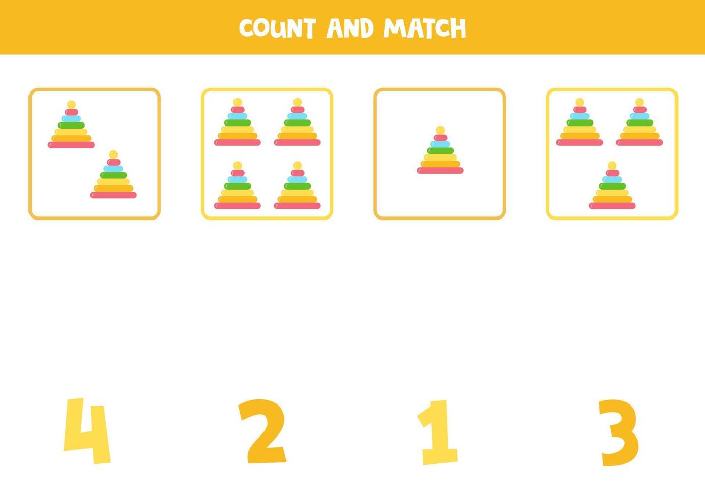 gioco di conteggio per bambini. conta tutte le piramidi giocattolo e abbina i numeri. foglio di lavoro per bambini. vettore