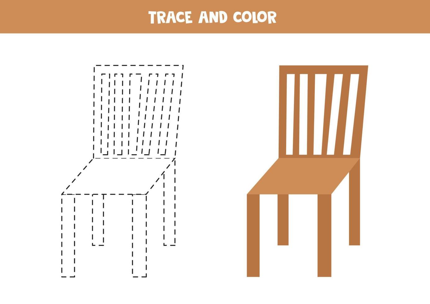 traccia e colora la sedia in legno dei cartoni animati. foglio di lavoro per bambini. vettore