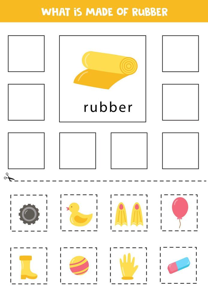 ciò che è fatto di gomma. materiali didattici. carte educative. taglia e incolla. vettore