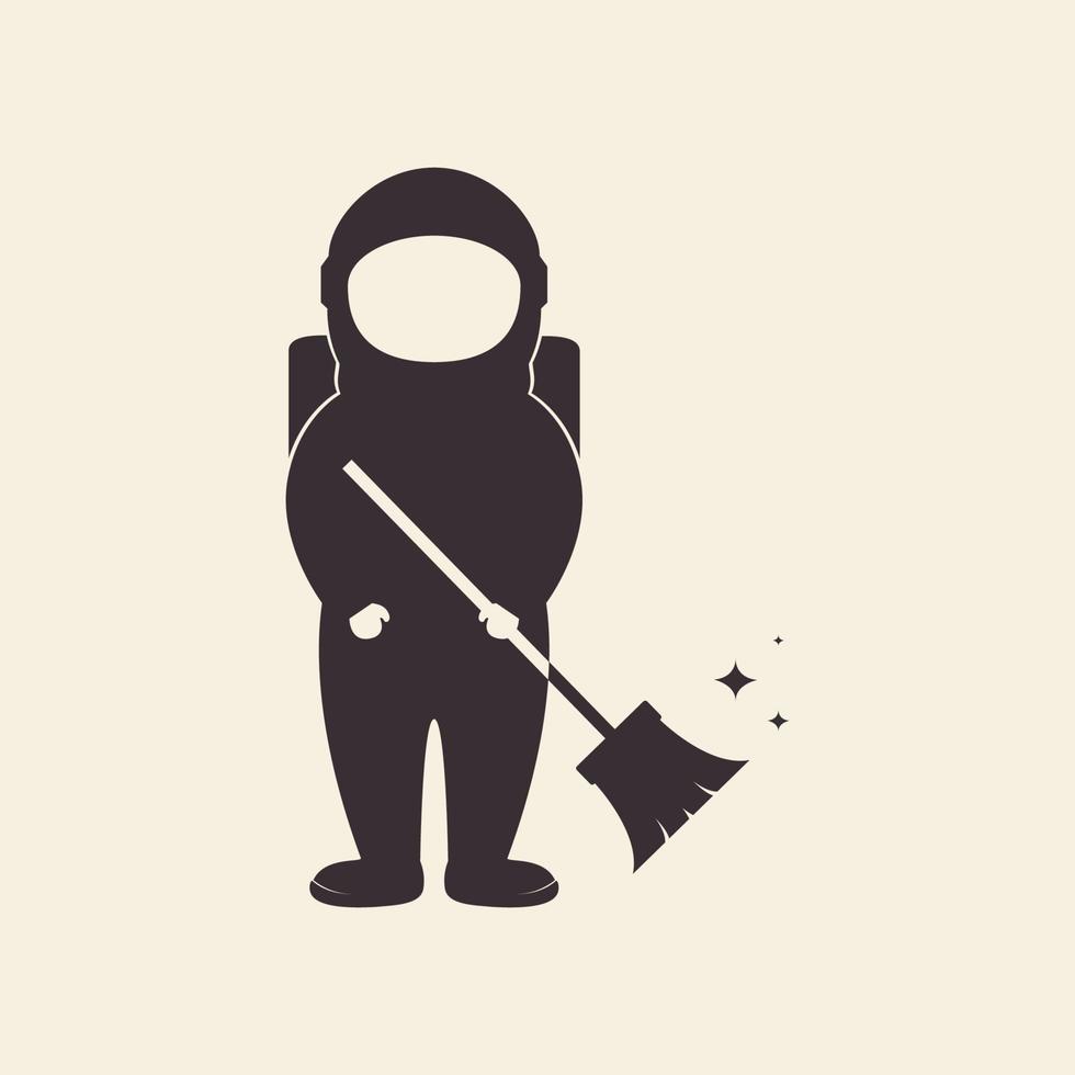 astronauta con disegno del logo della scopa, illustrazione dell'icona del simbolo grafico vettoriale idea creativa