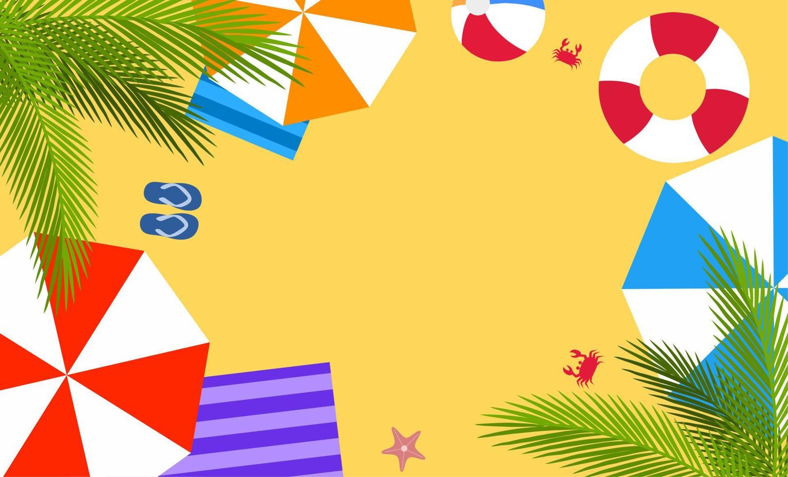 design piatto di sfondo estivo su sfondo giallo. poster delle vacanze estive. illustrazione vettoriale estiva con ombrello, anello da nuoto, palla, foglia di palma, sandalo, stella marina, granchio