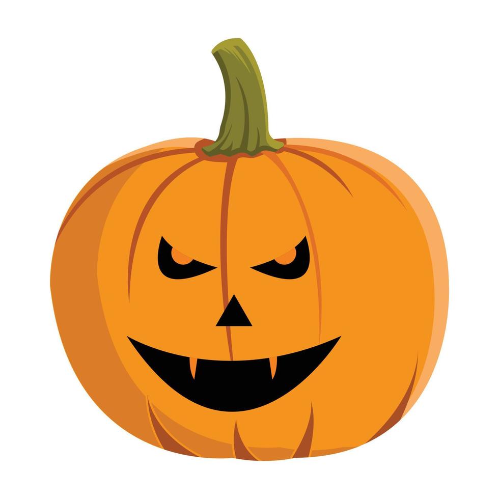 disegno di zucca con occhi da diavolo spaventosi e denti aguzzi per l'evento di Halloween con colore arancione e verde. design rotondo a lanterna di zucca con faccia sorridente su sfondo bianco per halloween. vettore