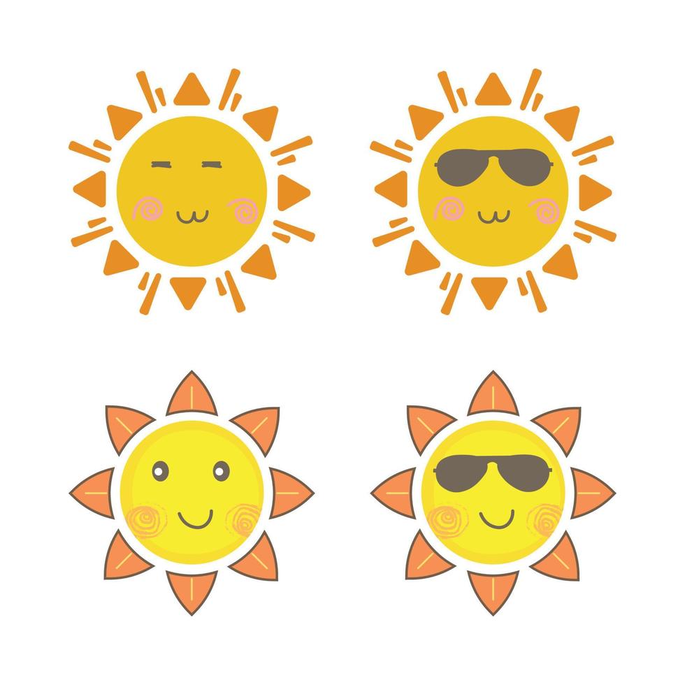 adesivo solare di forma rotonda e di colore giallo arancio. sole carino con viso sorridente e occhiali da sole alla moda. raggio di sole rosso che esce dal disegno vettoriale del sole. collezione di adesivi per social media vettoriali sole.