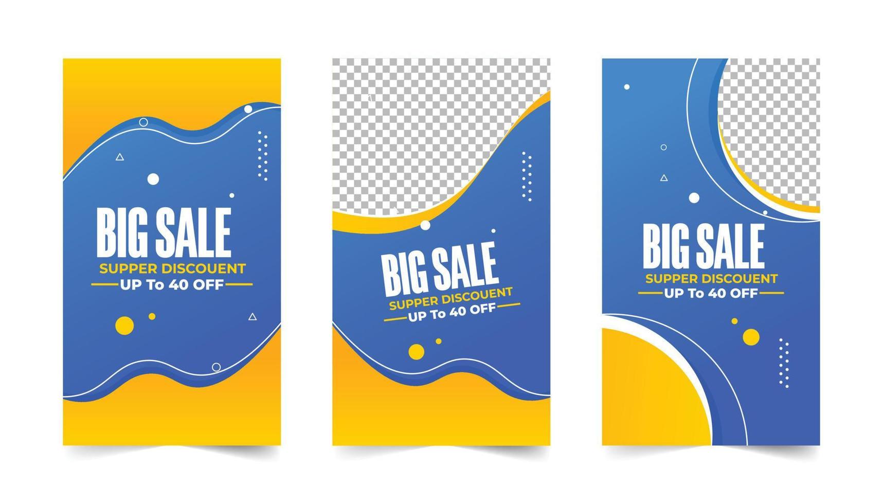 grandi offerte di vendita banner design su sfondo bianco. grande banner di vendita con colore blu e giallo per scopi commerciali. il super negozio offre una collezione di design. vettore