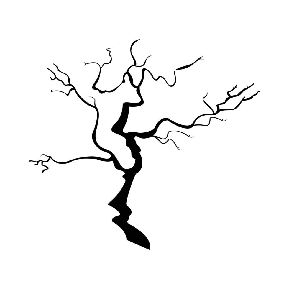 albero morto di halloween con tonalità di colore nero scuro. design spaventoso per l'evento di halloween con illustrazione vettoriale albero secco. disegno vettoriale spaventoso albero infestato su sfondo bianco.