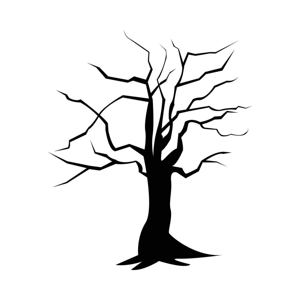 spaventoso albero morto silhouette disegno vettoriale su sfondo bianco per halloween. disegno della siluetta del grande albero di halloween con colore nero scuro. disegno vettoriale spettrale per halloween.