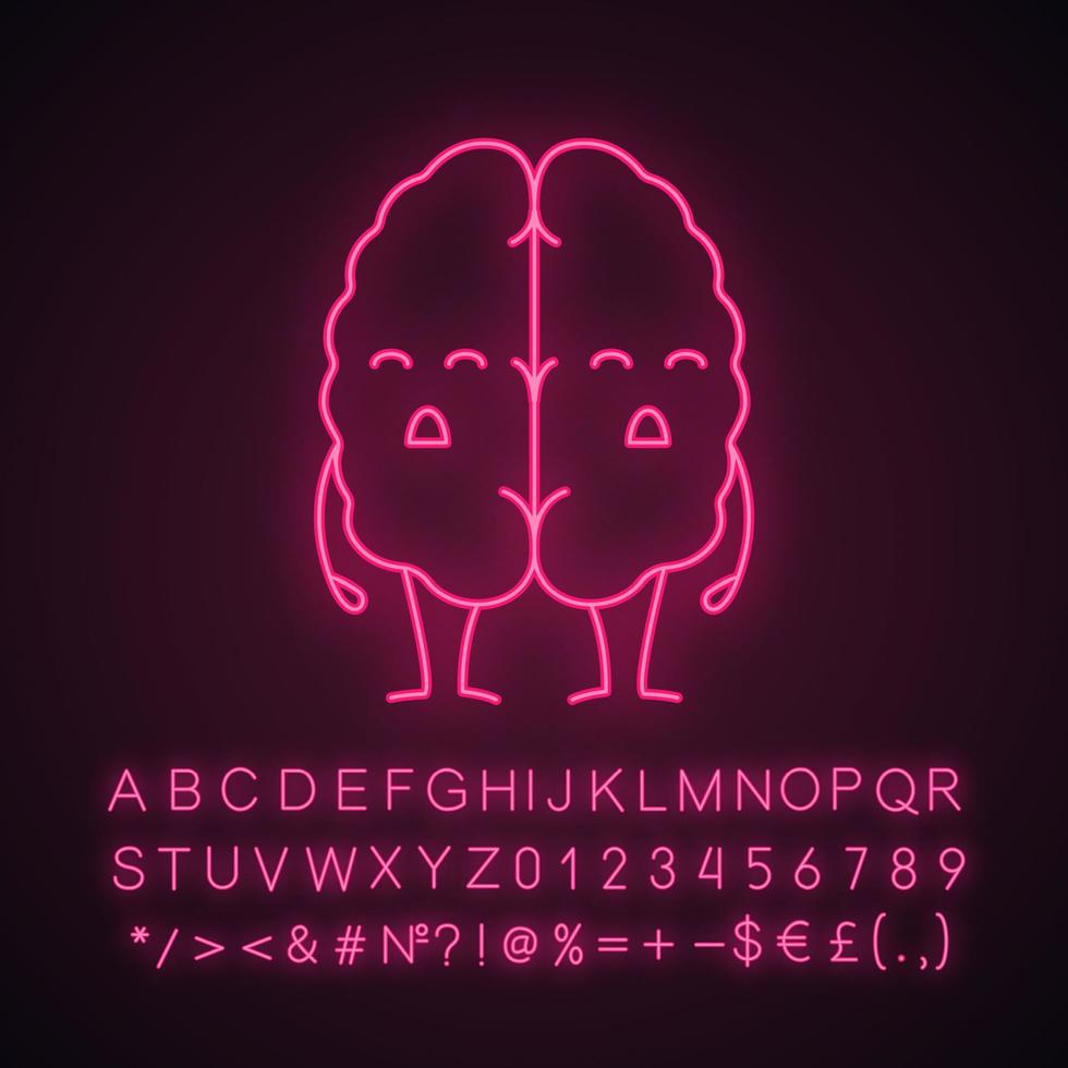 icona della luce al neon emoji del cervello umano triste. demenza, ictus. carattere malsano degli organi del sistema nervoso. segno luminoso con alfabeto, numeri e simboli. illustrazione vettoriale isolato