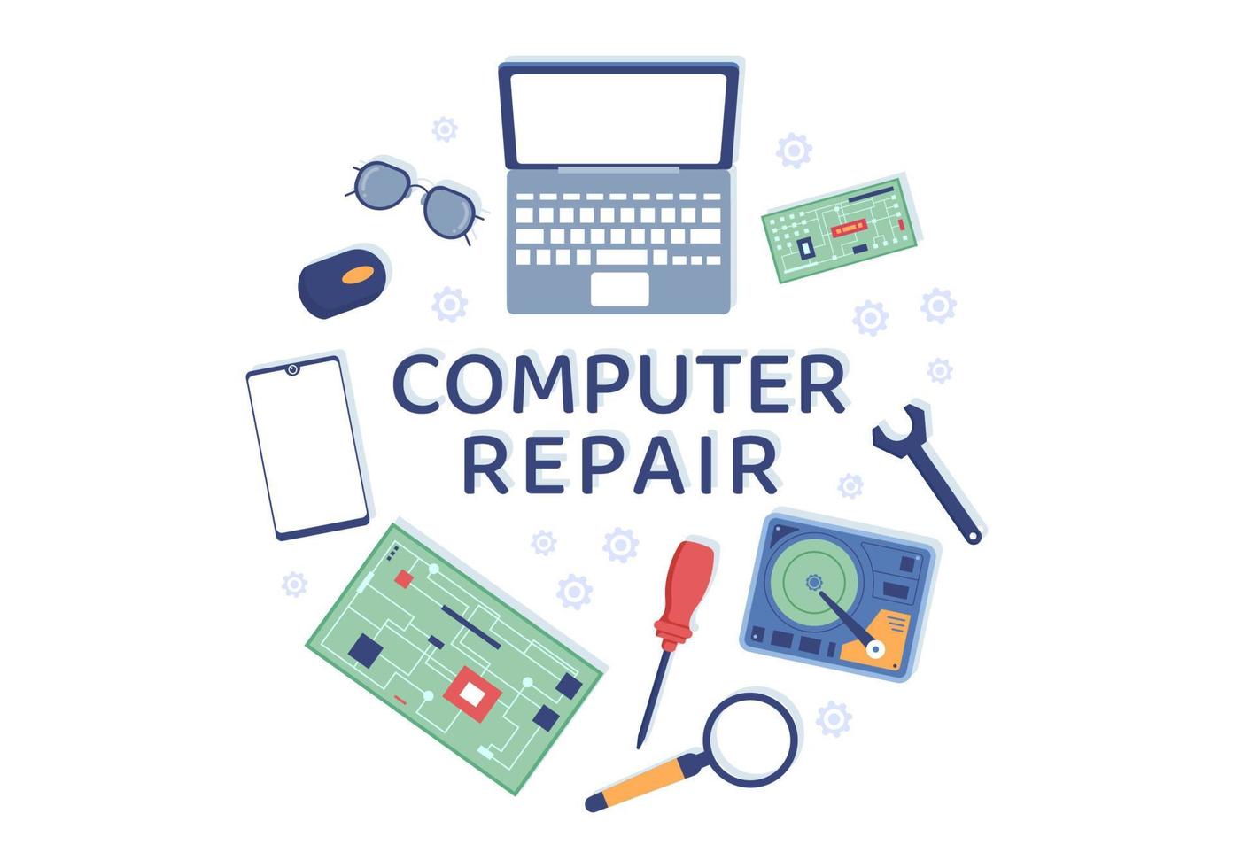 illustrazione del fumetto piatto di riparazione o servizio del computer con l'elettronica del riparatore degli strumenti per il centro di recupero dati e l'arresto anomalo del pc vettore