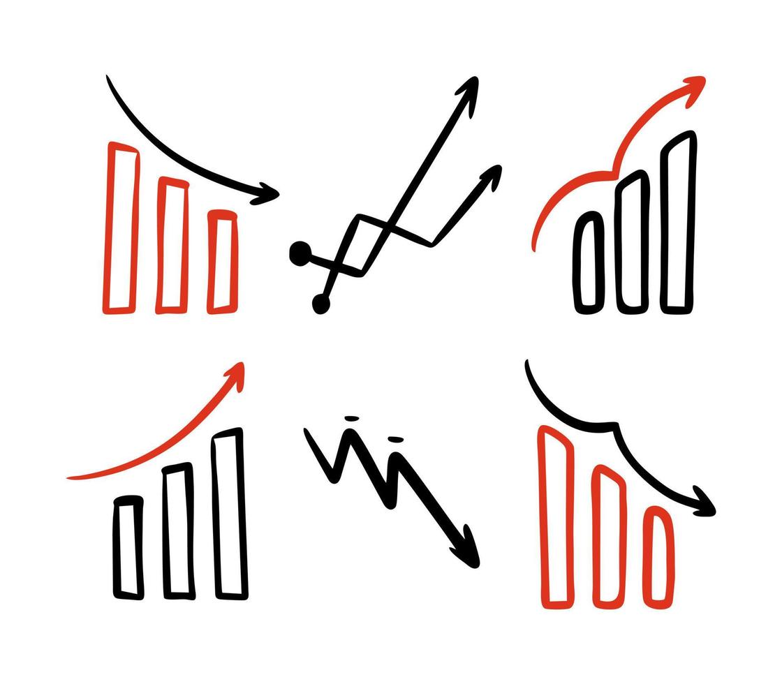 mercati mobiliari che investono futures stock grafici di crescita e caduta su sfondo bianco. illustrazione vettoriale di un doodle.