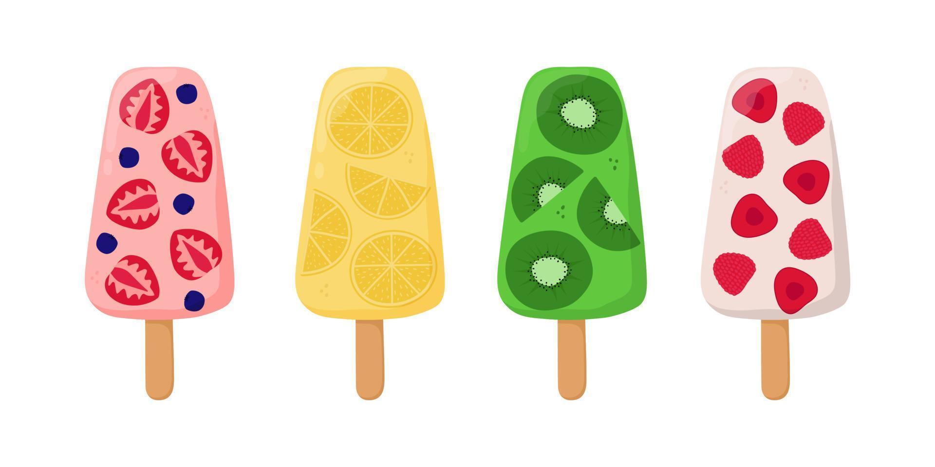 set di ghiaccioli alla frutta, frutti di bosco e gelati alla frutta. può essere utilizzato per la decorazione di poster, stampe, cartoline e vestiti, per il design del cibo e il logo della gelateria. vettore