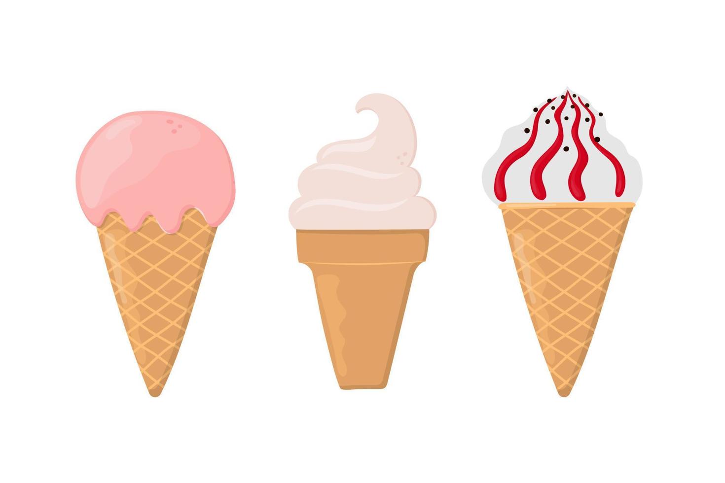 set di gelati disegnati a mano in coni di cialda. può essere utilizzato per la decorazione di poster, stampe, cartoline e vestiti, per il design del cibo e il logo della gelateria vettore