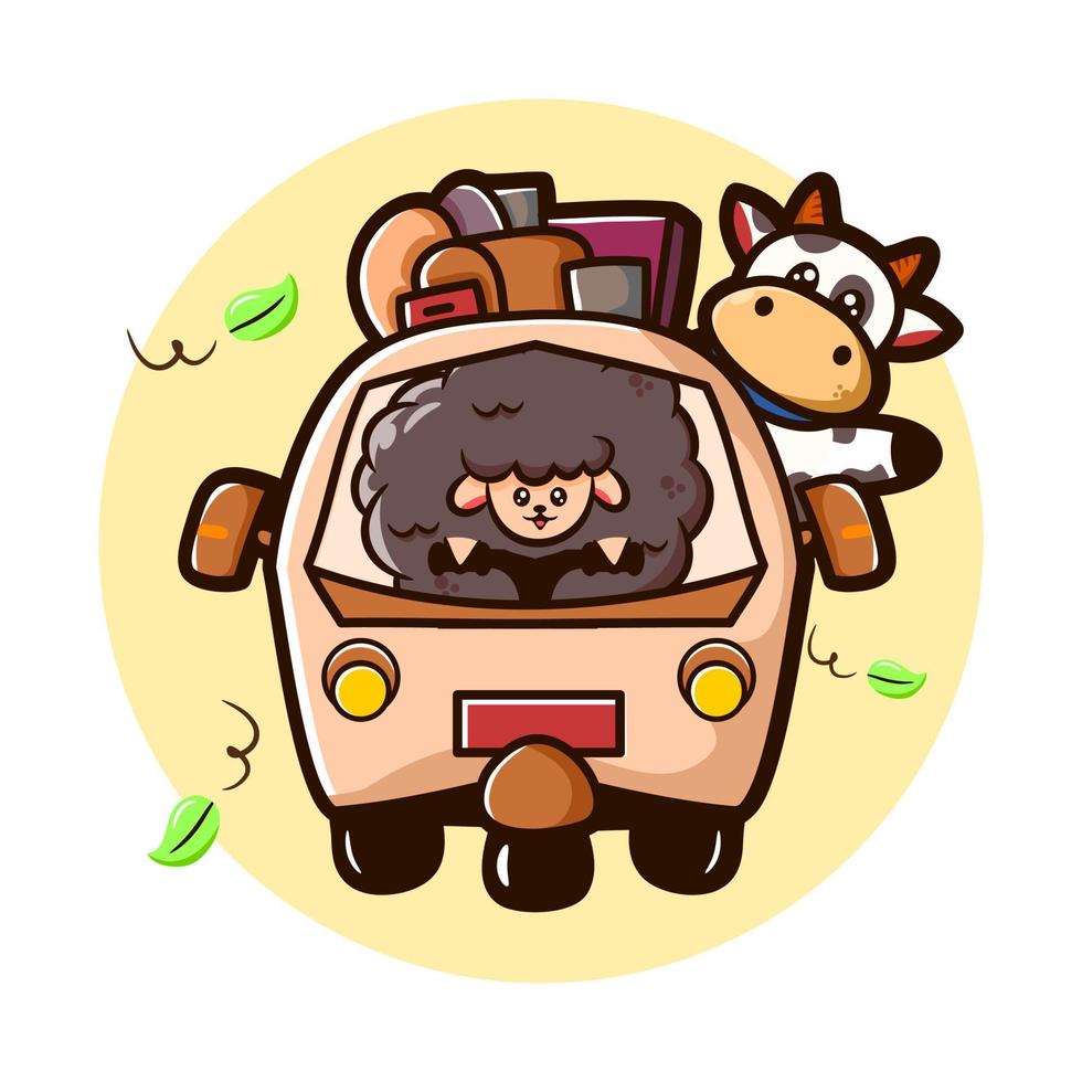 illustrazione carina di pecore e mucche che guidano un'auto a 3 ruote che trasporta una copertura che celebra l'eid al adha vettore