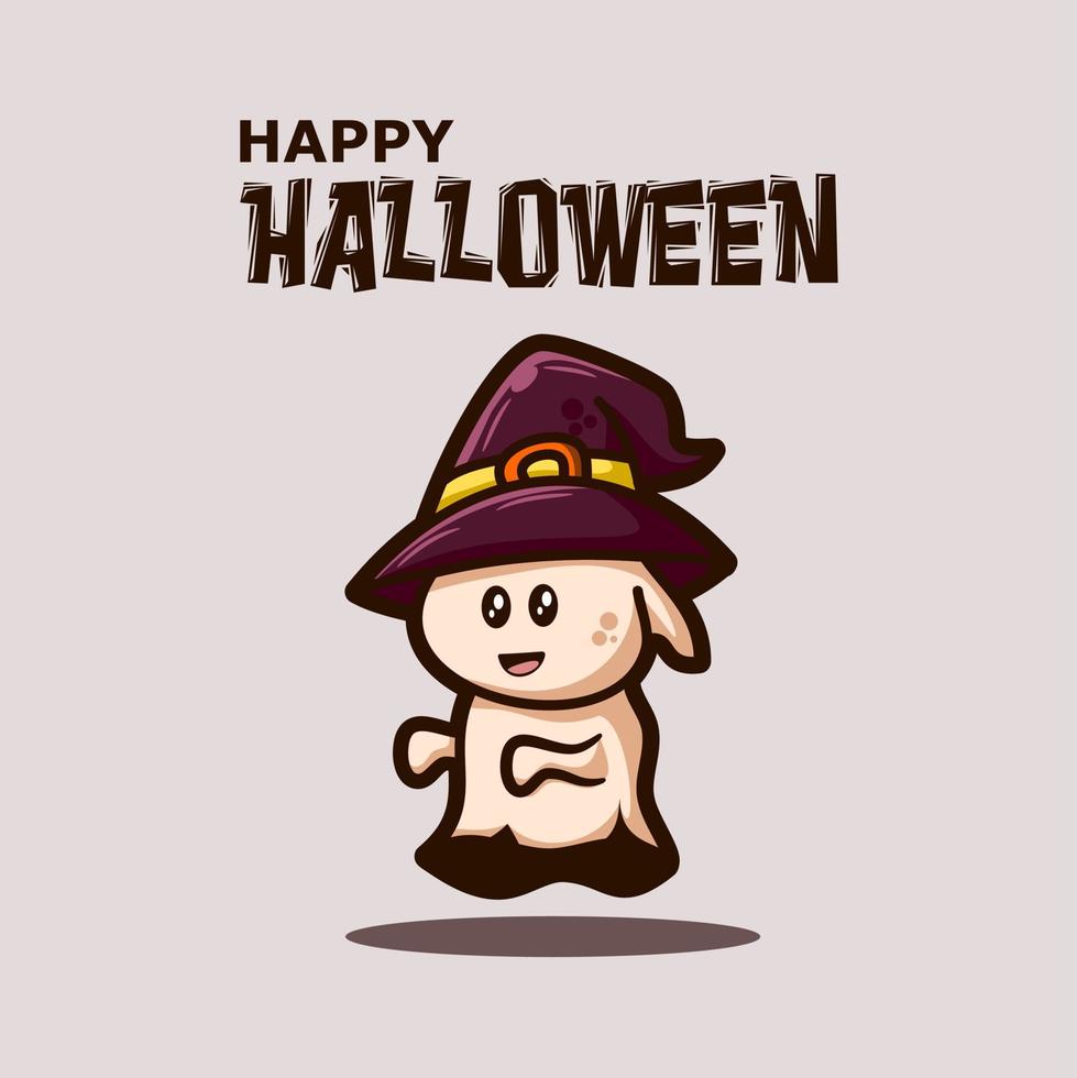 felice biglietto di auguri di halloween con un simpatico fantasma che indossa un cappello da strega vettore