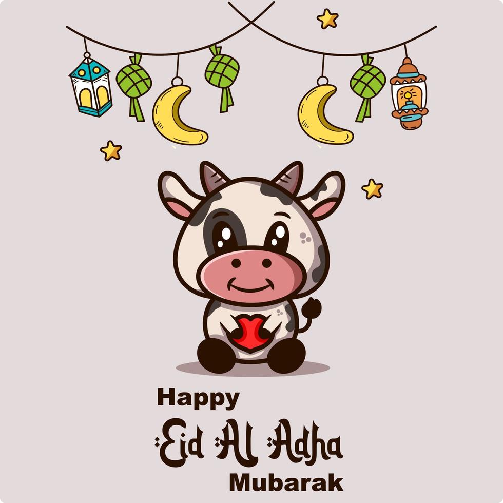 felice eid al-adha saluti divertenti con lanterne e mucche che tengono amore vettore