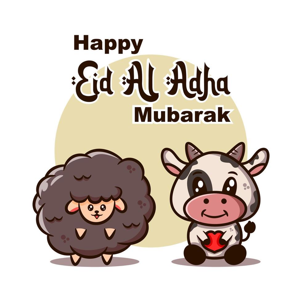 felice eid al-adha saluti divertenti con pecore e mucche vettore