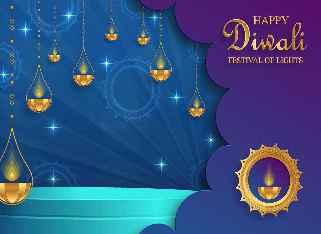 Stile palco rotondo podio 3d, per diwali, deepavali o dipavali, il festival indiano delle luci con lampada diya vettore