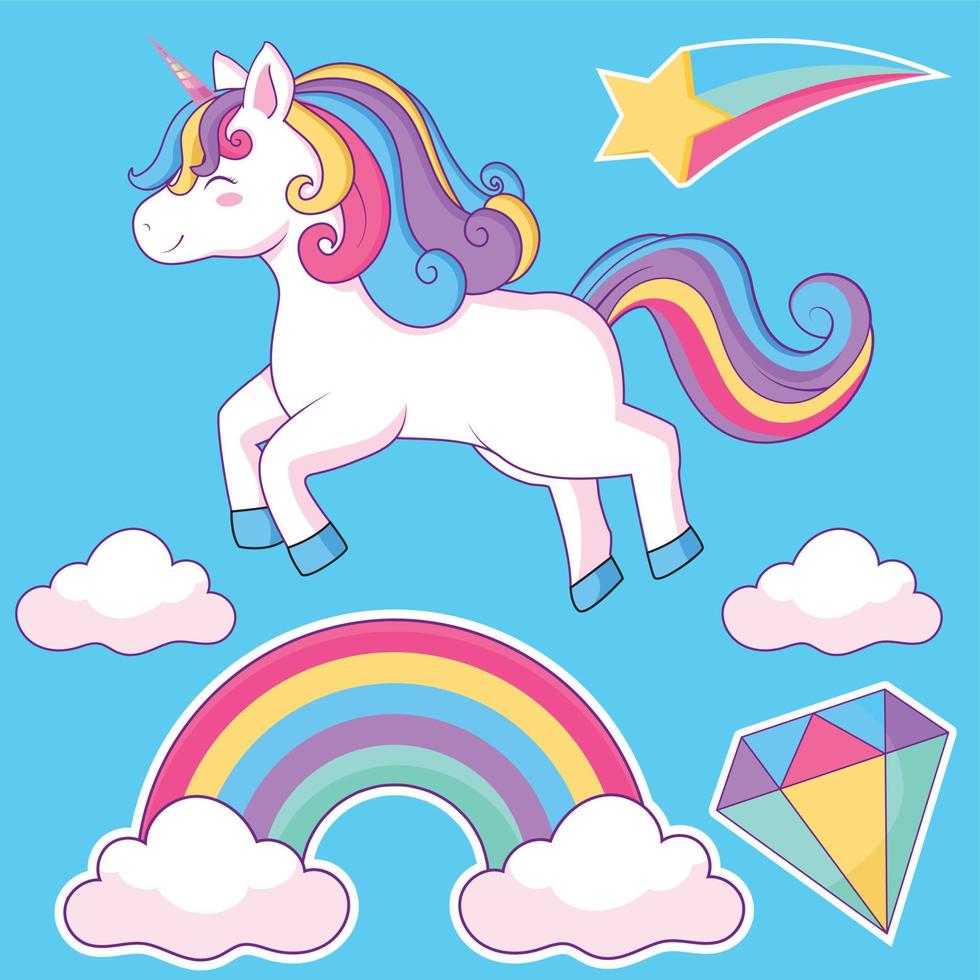 simpatico unicorno con arcobaleno. vettore