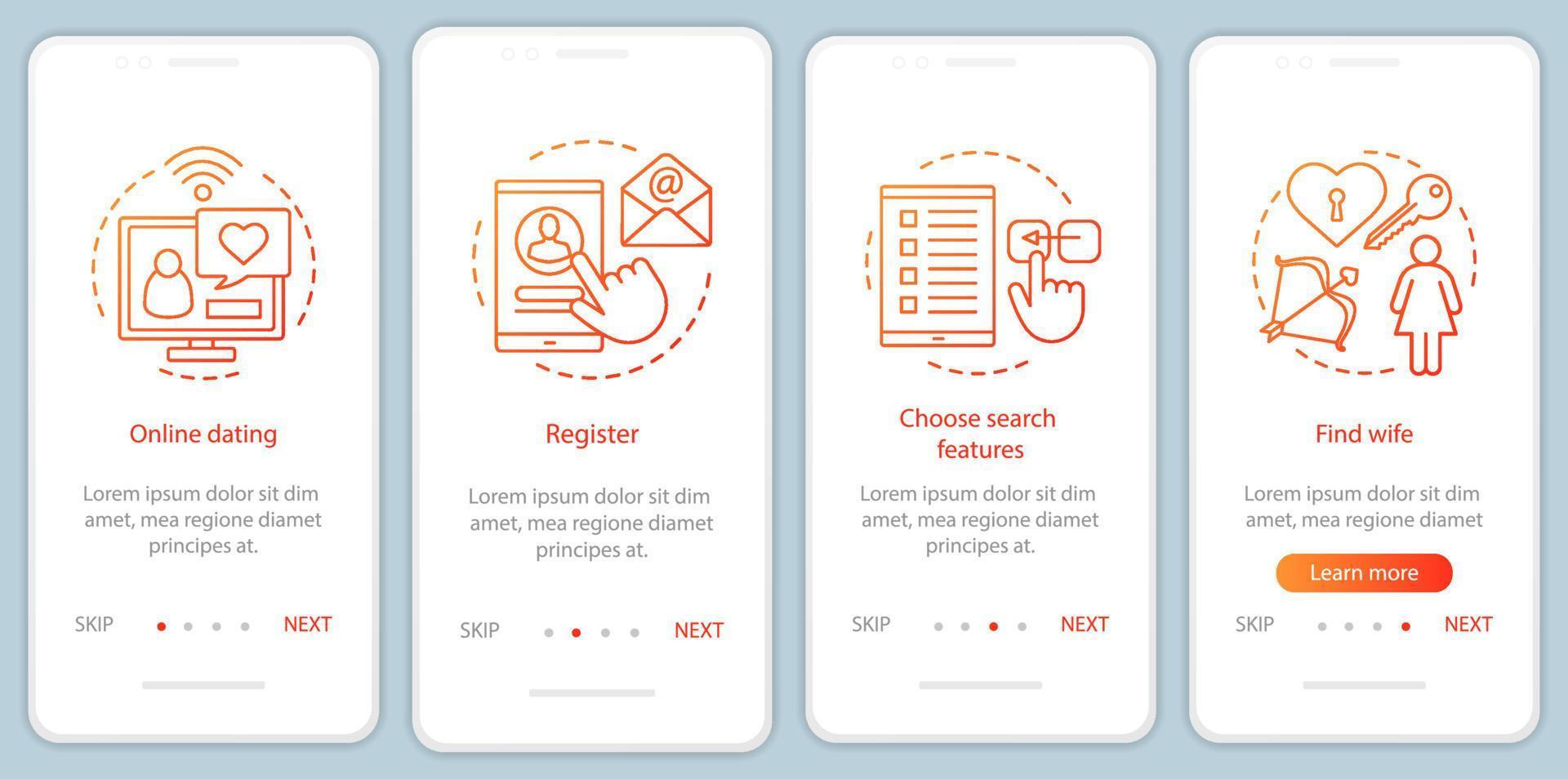 modello di vettore dello schermo della pagina dell'app mobile di onboarding di appuntamenti online. registrati, scegli le funzioni di ricerca, trova le istruzioni del sito Web della moglie con illustrazioni lineari. ux, ui, gui concetto di interfaccia per smartphone