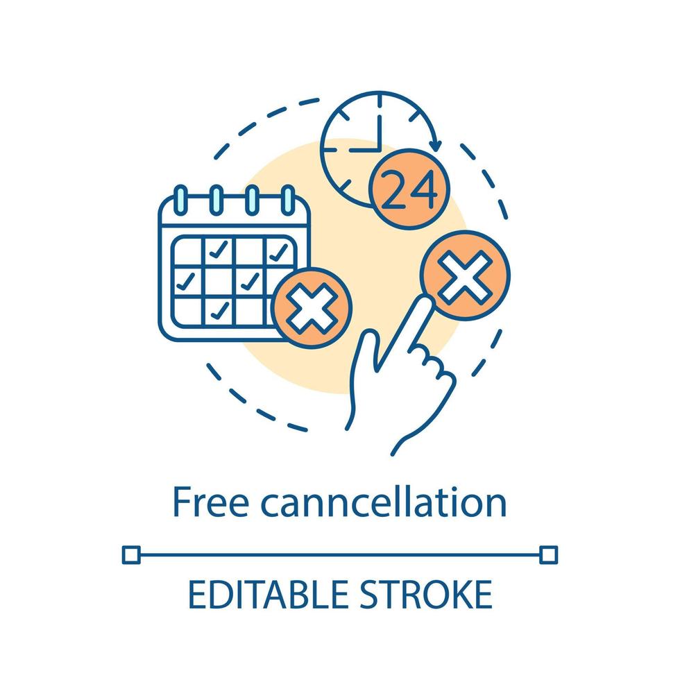 icona del concetto di cancellazione gratuita. prenotazione alberghiera on line. rimborso del deposito. rifiuto, pulsante Elimina. sì e no clicca. cancella l'idea di prenotazione. disegno di contorno isolato vettoriale. tratto modificabile vettore