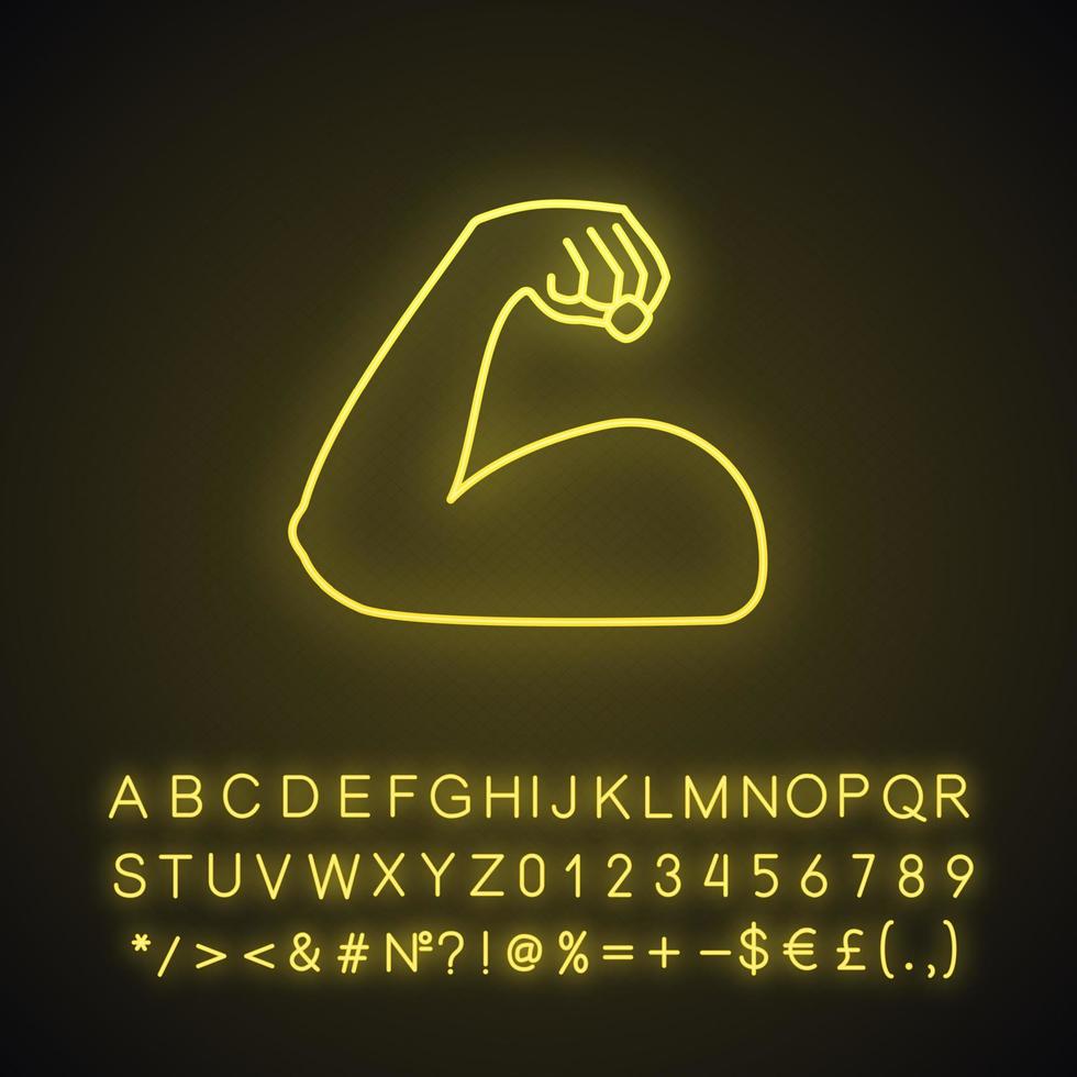 icona della luce al neon del bicipite flesso. emoji forti. muscolo. bodybuilding, allenamento. mans braccio, avambraccio. segno luminoso con alfabeto, numeri e simboli. illustrazione vettoriale isolato