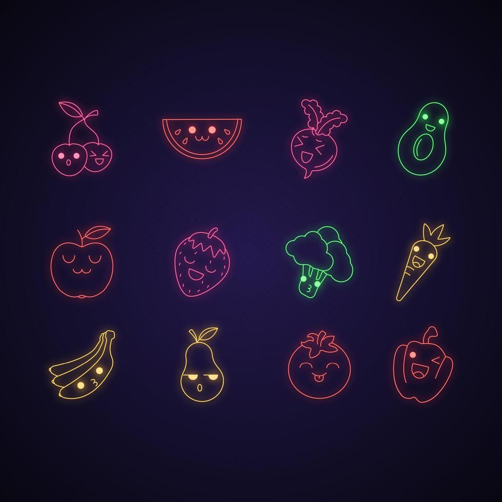 frutta e verdura simpatici personaggi kawaii al neon. anguria e banana con la faccia sorridente. barbabietola felice, avocado. emoji divertenti, emoticon, sorriso. icone luminose. illustrazione vettoriale isolato