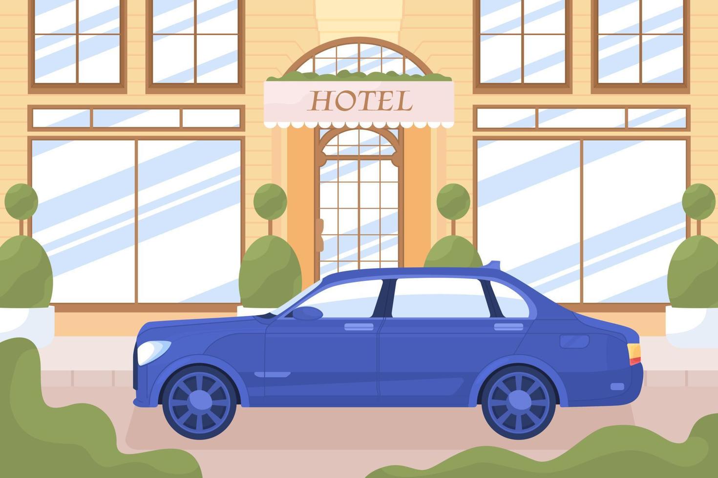 auto di lusso vicino all'edificio dell'hotel sull'illustrazione vettoriale a colori piatti della strada della città