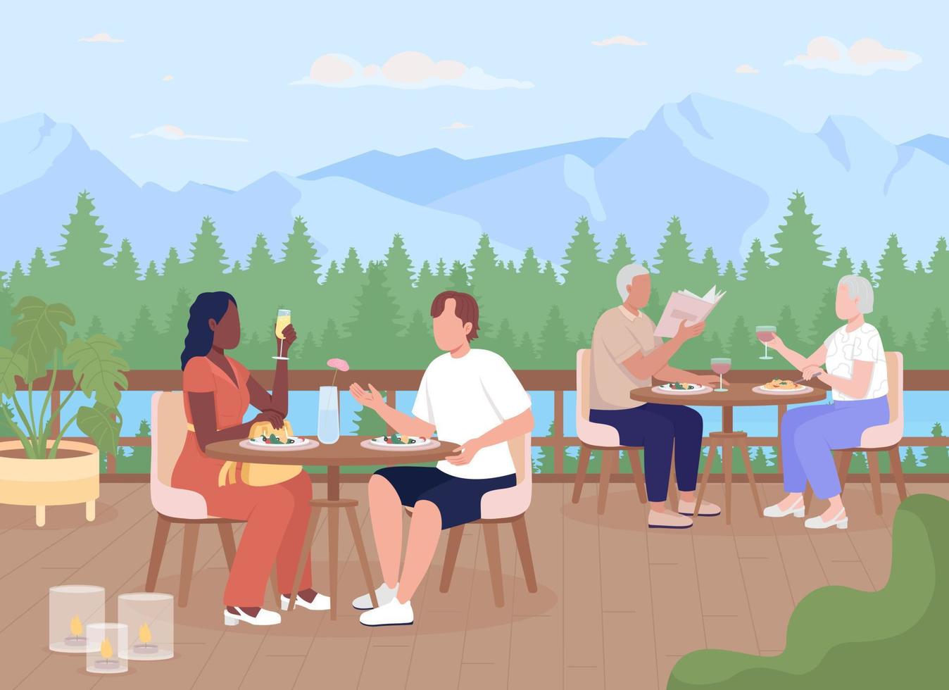 gli ospiti che si godono la cena presso l'illustrazione vettoriale a colori piatti del resort di montagna