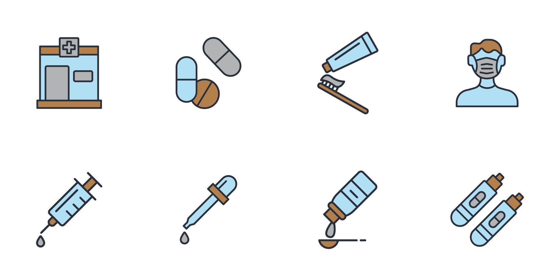 set di icone della farmacia. elementi di vettore di simbolo del pacchetto della farmacia per il web di infografica