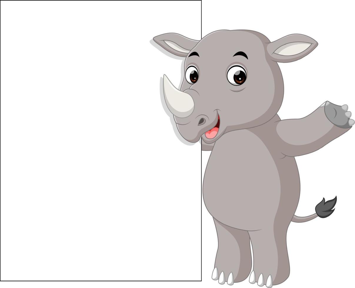 simpatico cartone animato di rinoceronte con segno in bianco vettore
