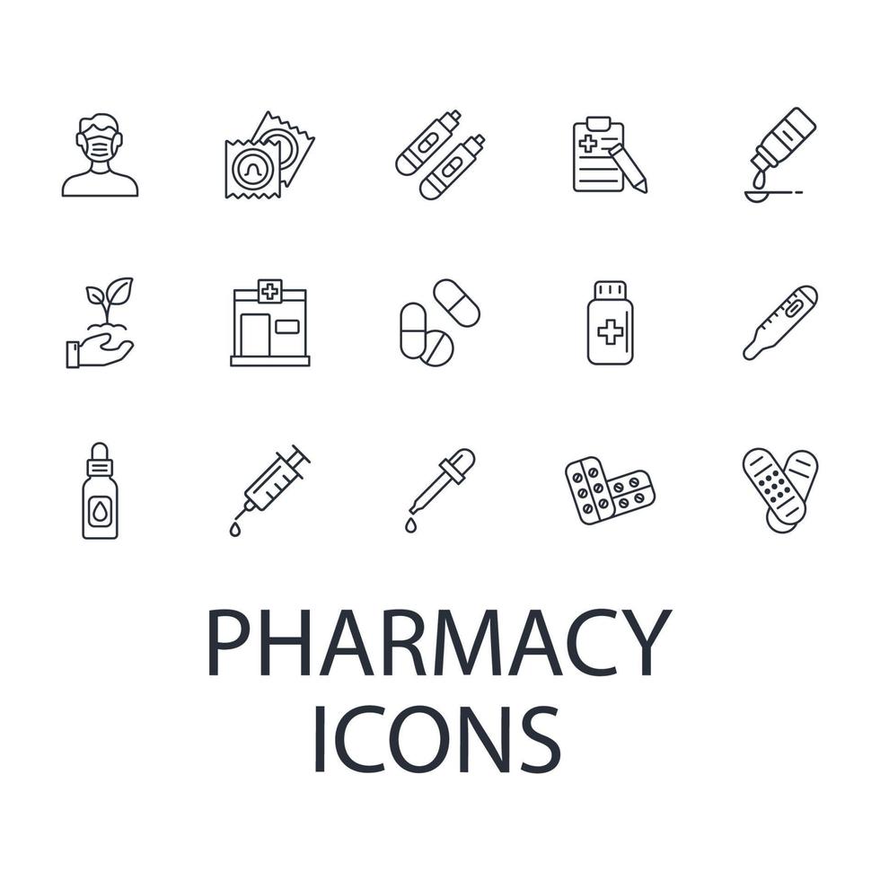 set di icone della farmacia. elementi di vettore di simbolo del pacchetto della farmacia per il web di infografica