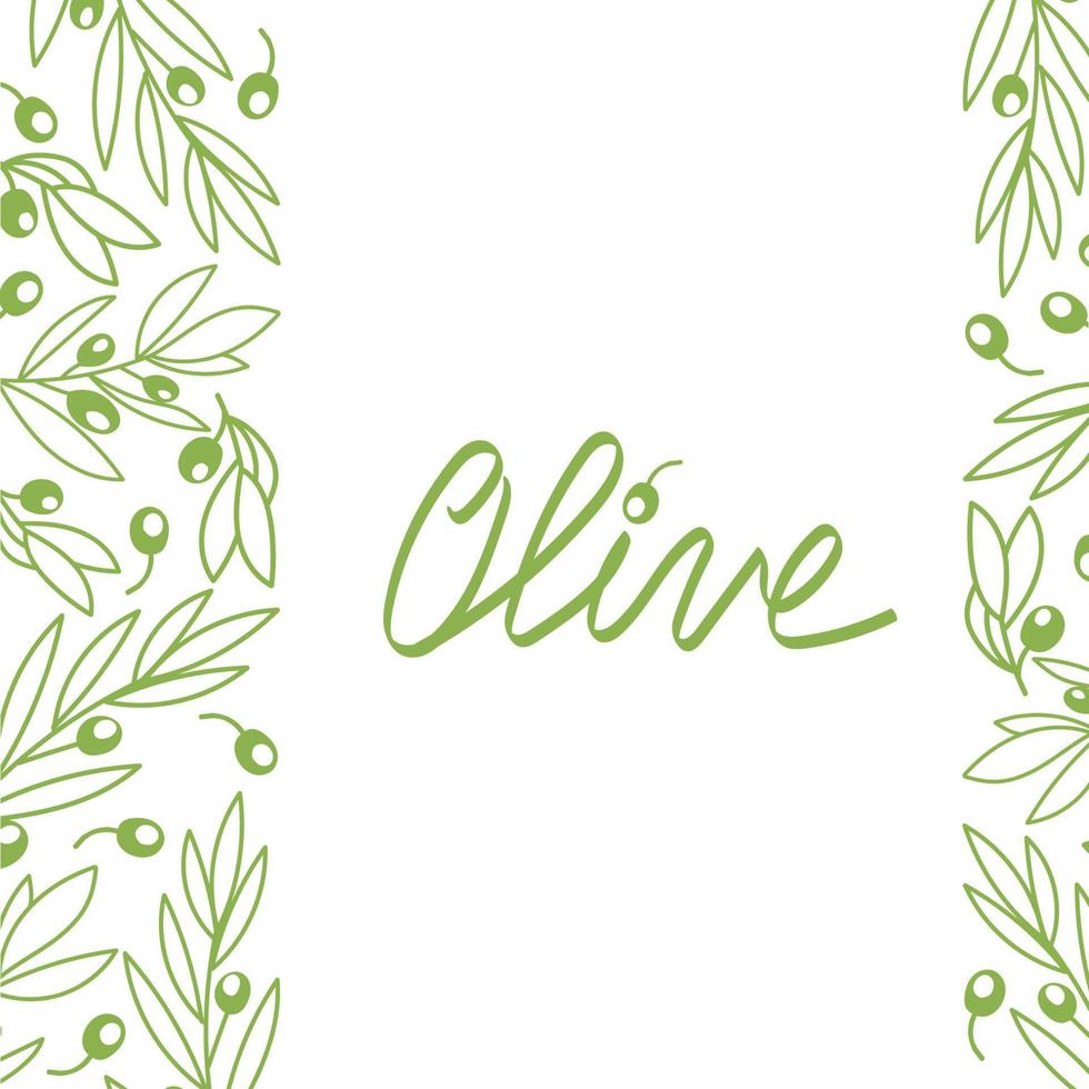 banner con oliva su sfondo bianco. un ottimo design per pubblicizzare il mercato dell'olio d'oliva, un'attività per negozi di alimentari. elementi disegnati a mano in uno stile piatto vettore