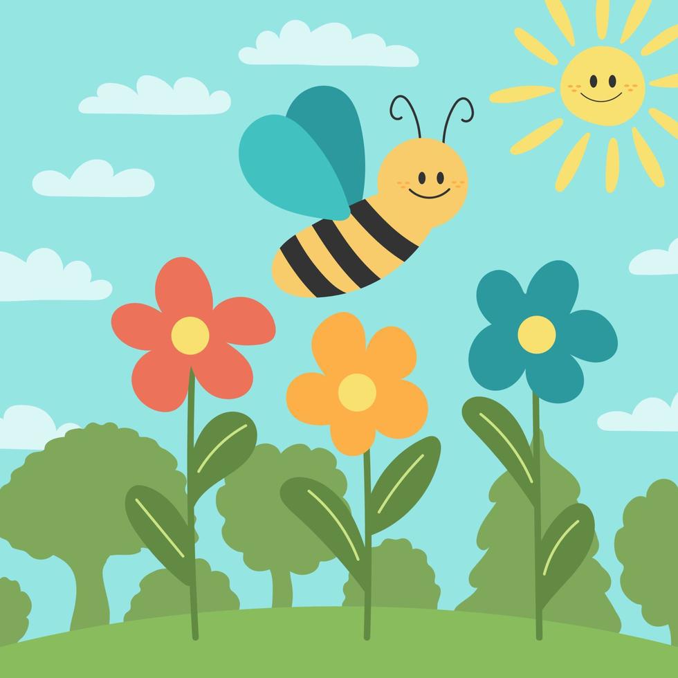 ape carina sullo sfondo naturale con fiori e alberi. vettore per bambini