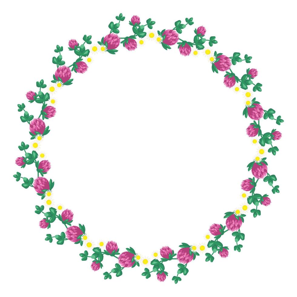 corona di fiori di trifoglio rosa e margherite bianche. cornice rotonda, pianta carina e luminosa con foglie di trifoglio. decorazioni festive per matrimoni, vacanze, cartoline, poster e design. illustrazione piatta vettoriale