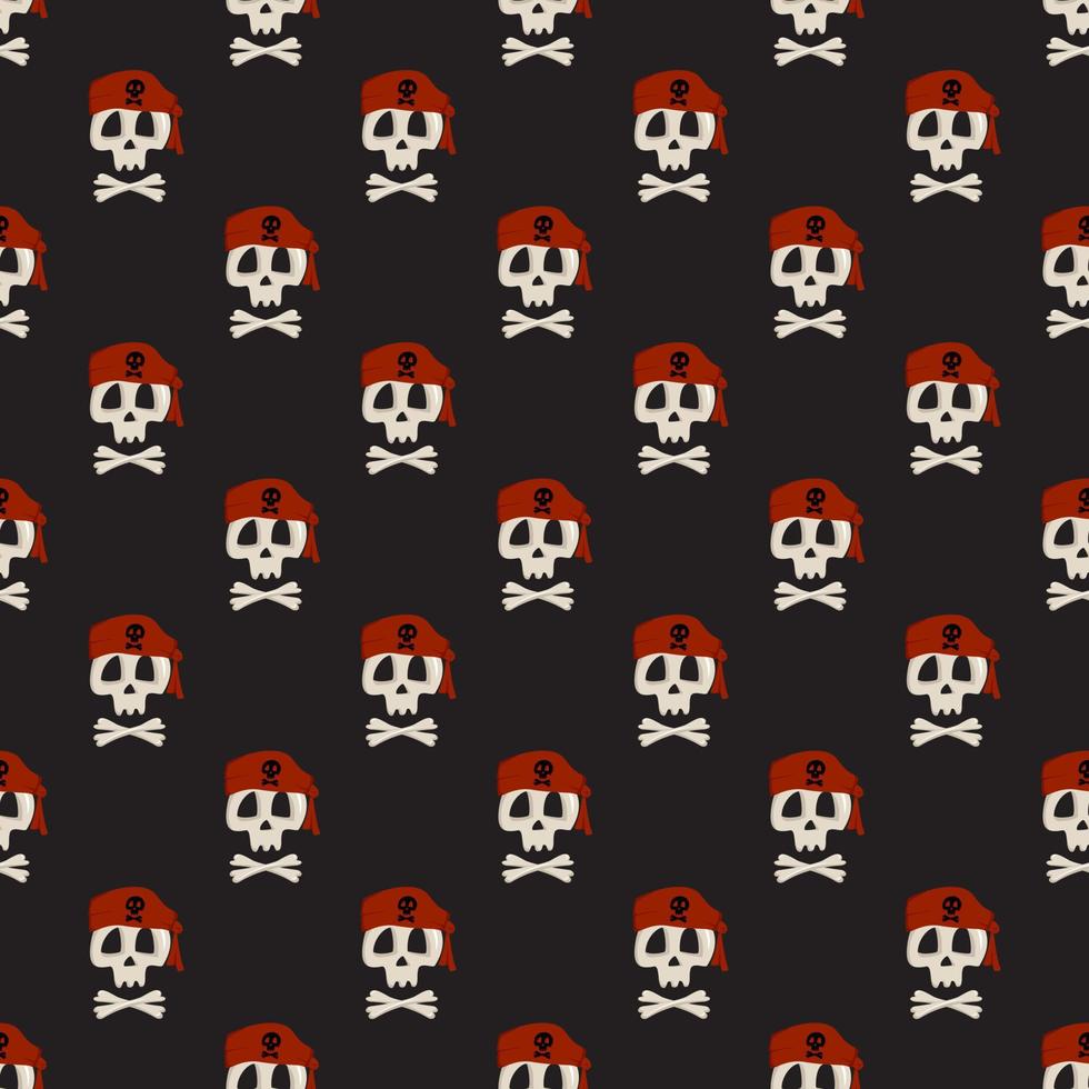 modello senza cuciture con teschio scheletro e ossa incrociate in cappello bandana pirata. stampa dell'oggetto per halloween su sfondo scuro. design per tessuti e carta da imballaggio. illustrazione piatta vettoriale