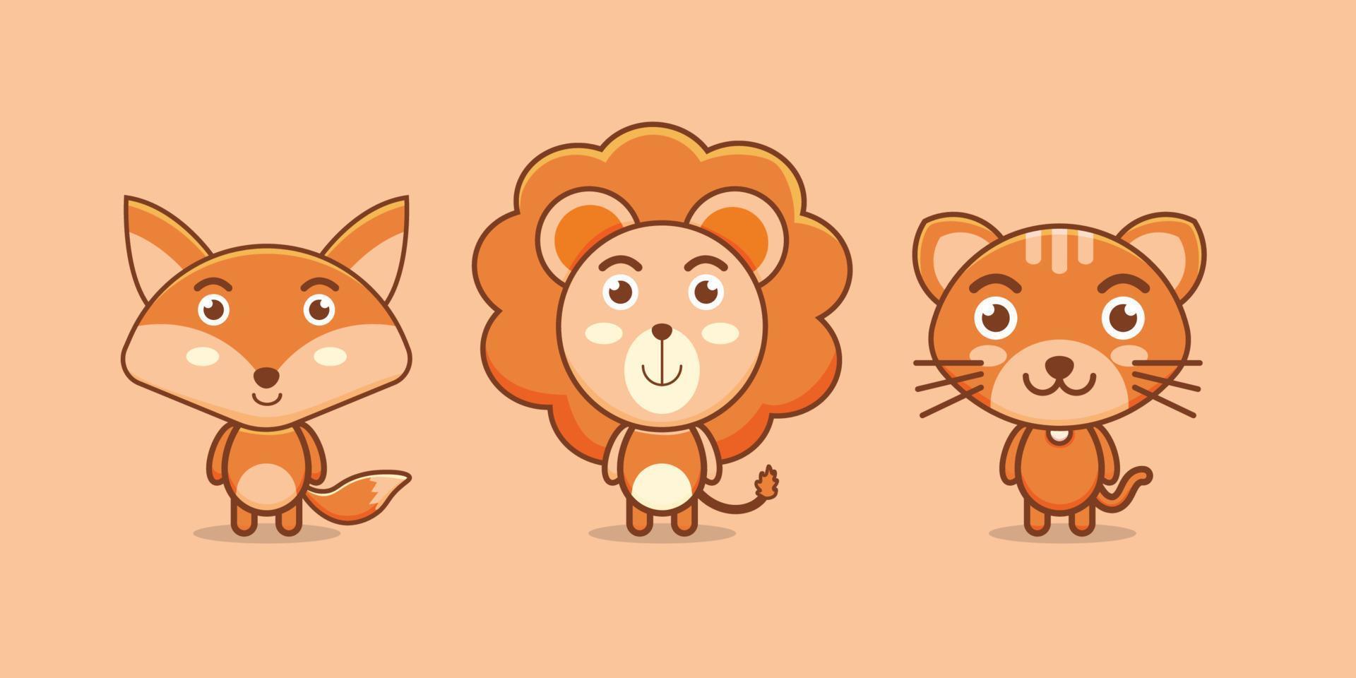 personaggio animale kawaii leone volpe e gatto vettore