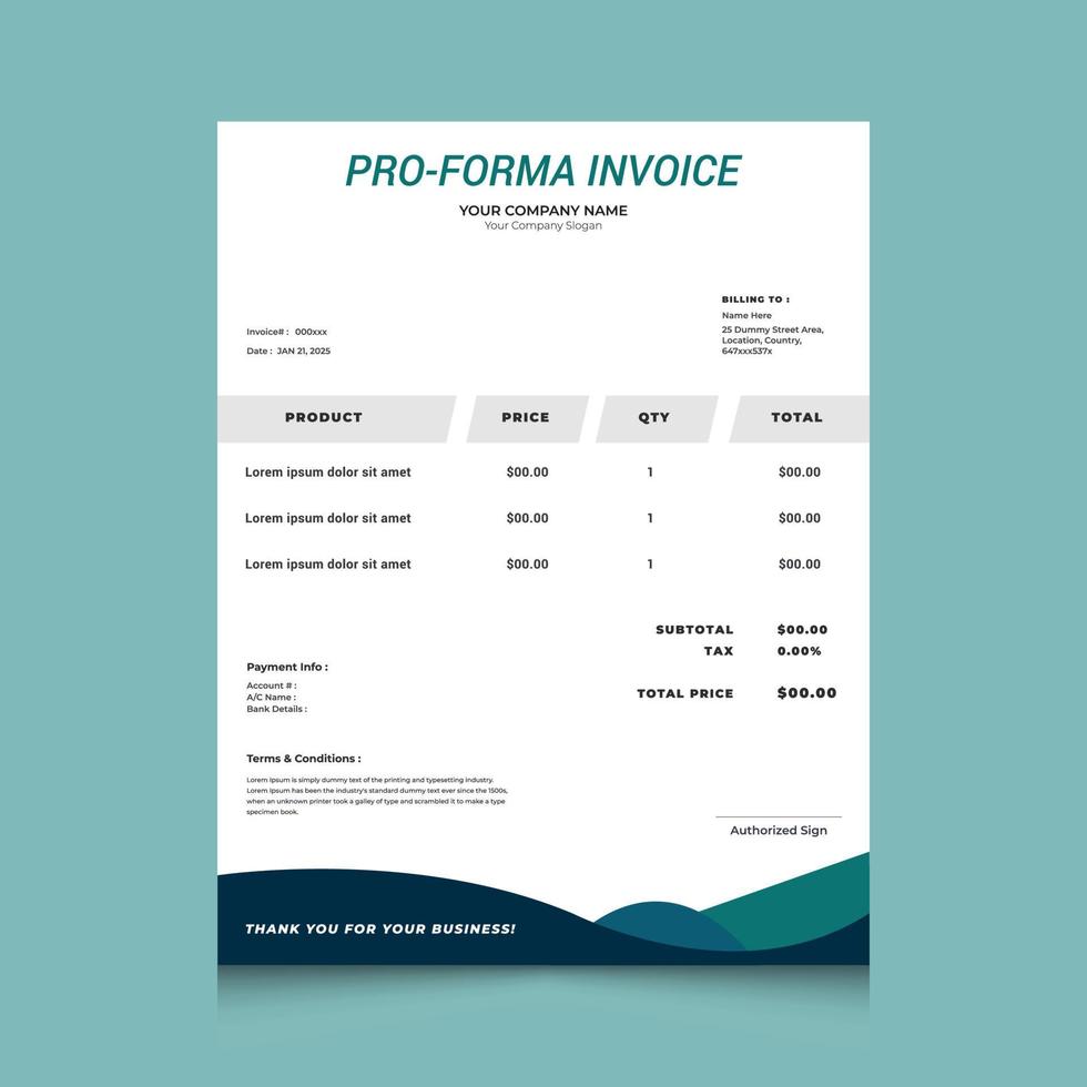 modello di progettazione di fattura aziendale minimo. design per fattura, carta intestata, modulo d'ordine, ricevuta, proforma. design di cancelleria aziendale. stampa il modello di fattura pronto. vettore