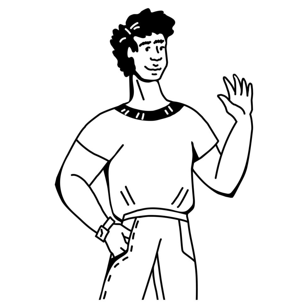 uomo sorridente agitando la mano nel gesto di saluto, illustrazione vettoriale line art isolata su sfondo bianco. giovanotto allegro, studente che saluta.