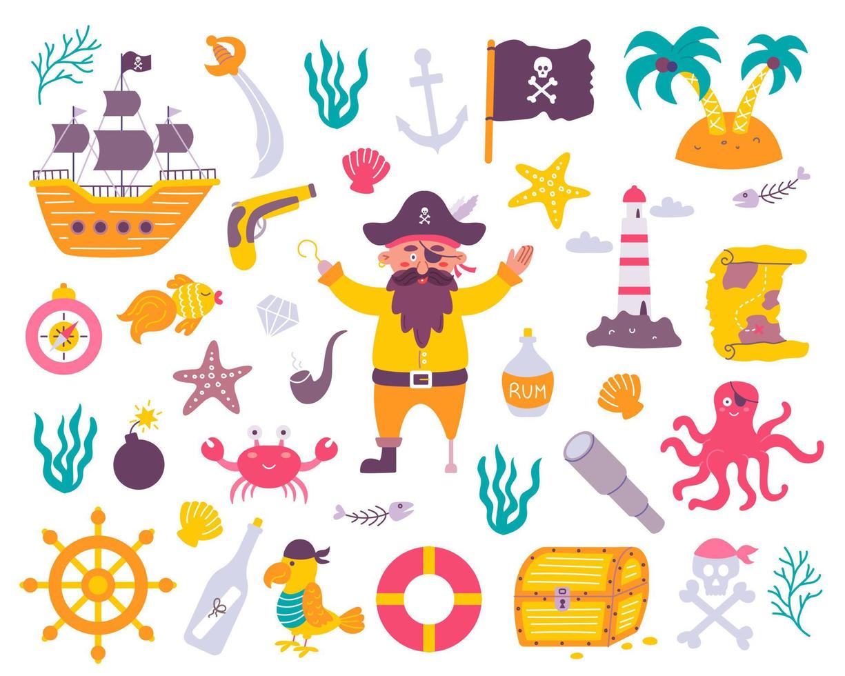 bundle pirata impostato in stile disegnato a mano piatto. pappagallo, nave, tesoro, mappa, abitanti del mare vettore