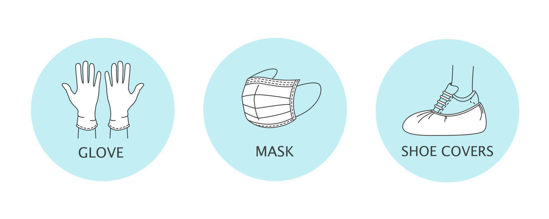 mascherina medica, guanti di gomma e copriscarpe. icone di igiene personale e protezione dai virus. illustrazione vettoriale