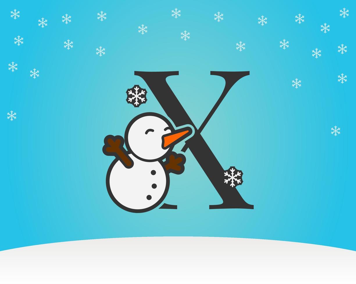 divertente e carina lettera x decorazione pupazzo di neve con fiocchi di neve inverno sfondo vettore