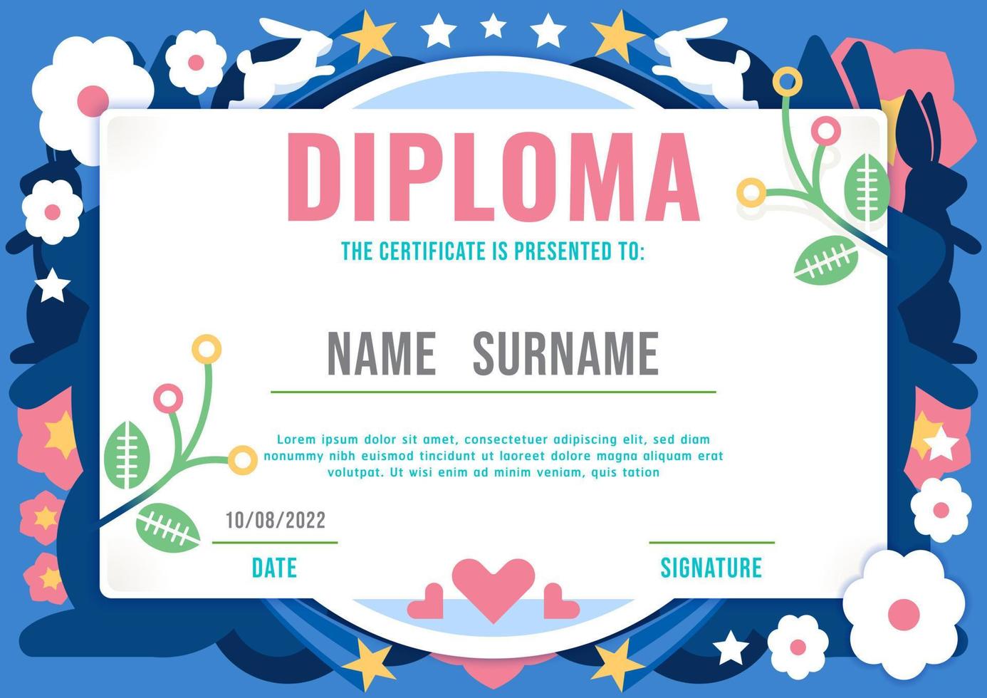 certificato bambini diploma, modello di asilo layout coniglietto arcobaleno fiore natura eco vettore. vettore