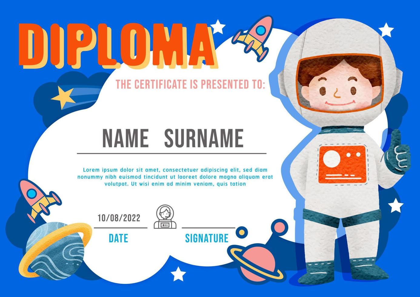 certificato diploma per bambini, modello di asilo layout astronauta acquerello vettore. vettore