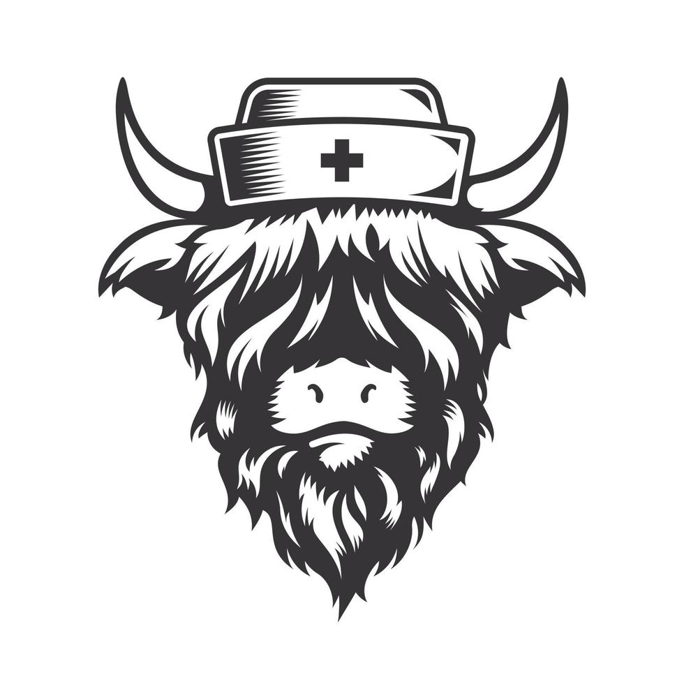design della testa dell'infermiera della mucca dell'altopiano con cappello da infermiera. animale da fattoria. loghi o icone di mucche. illustrazione vettoriale. vettore