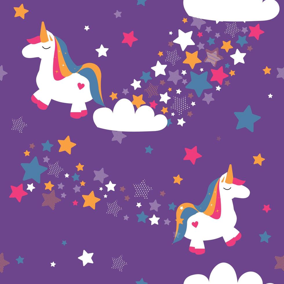 simpatico unicorno con molte stelle sfondo senza cuciture per motivo in tessuto vettore