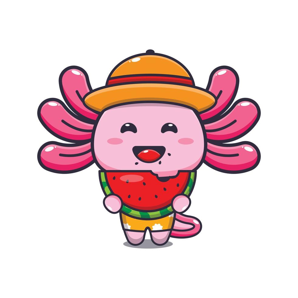 il simpatico personaggio della mascotte dei cartoni animati di axolotl mangia l'anguria fresca vettore