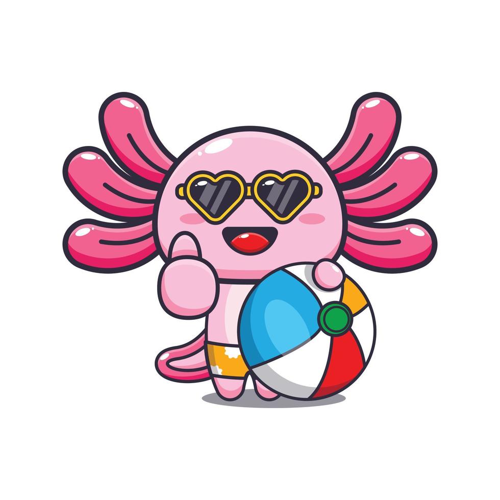 simpatico personaggio mascotte dei cartoni animati di axolotl con pallone da spiaggia vettore