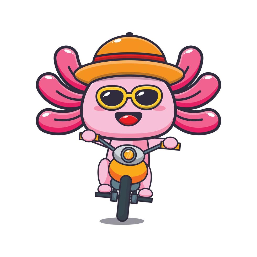 cool axolotl personaggio mascotte dei cartoni animati giro in moto in una giornata estiva vettore