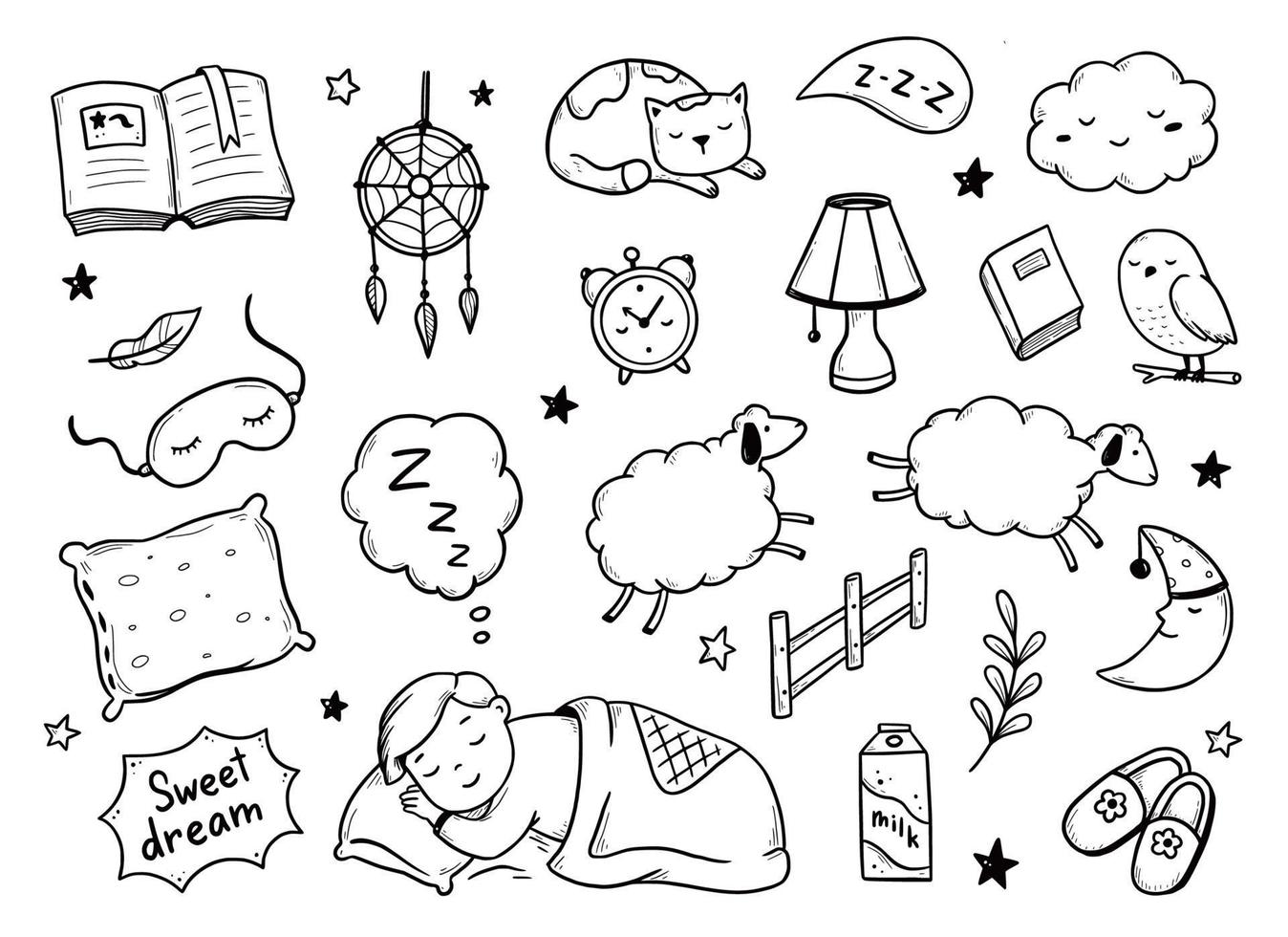dormire, rilassarsi, sognare la notte doodle set vettore