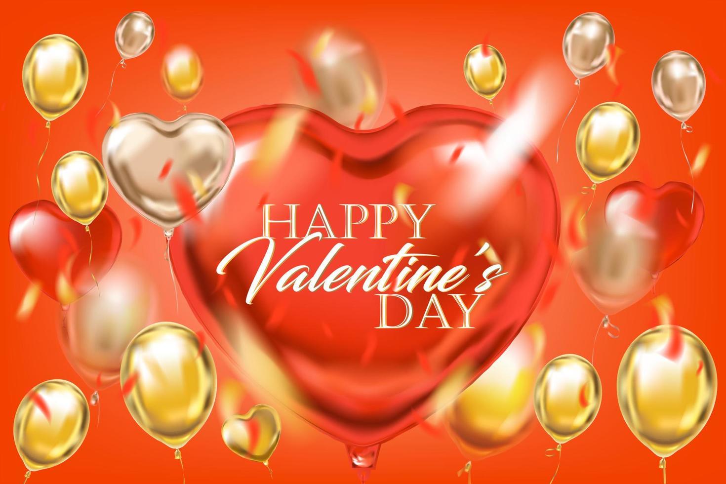 palloncini rossi dorati con felice San Valentino e coriandoli di alluminio in aria vettore