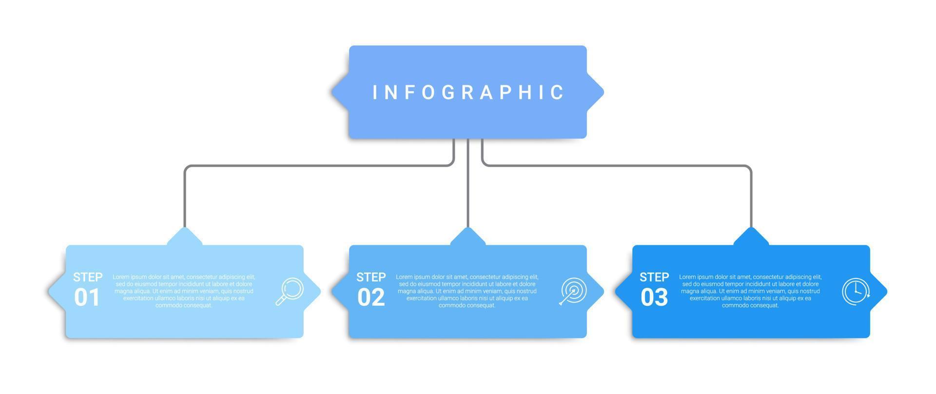 design infografico con 3 icone e opzioni per le fasi del processo aziendale vettore